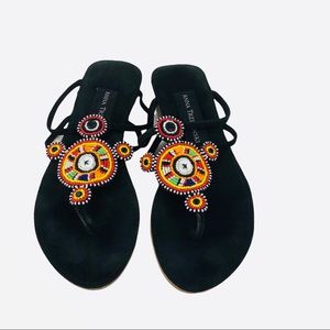 Anthropologie | anna trzebinski Boho hand beaded leather sandals Size 6